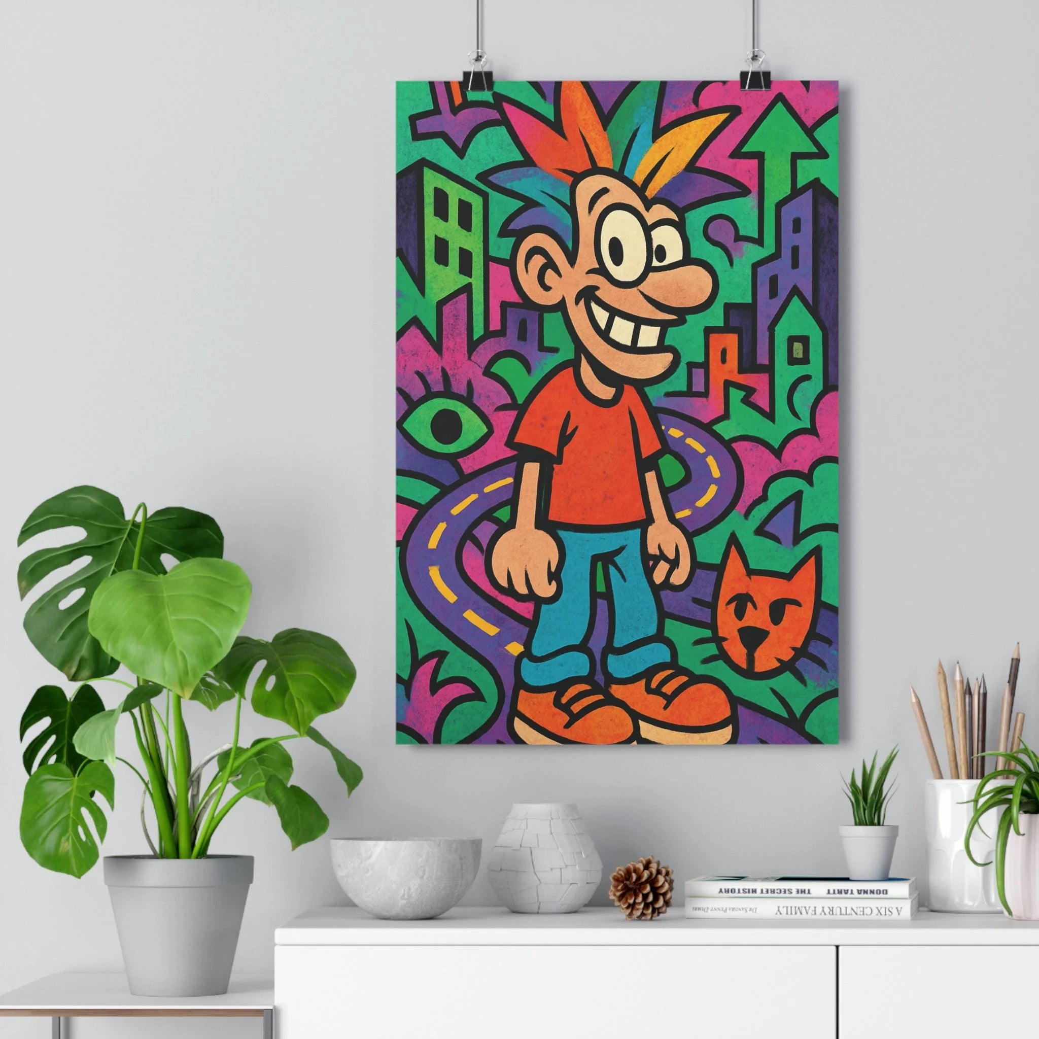 Poster décoratif urbain abstrait vert violet orange joyeux salon chambre bureau format 30x46 dynamique