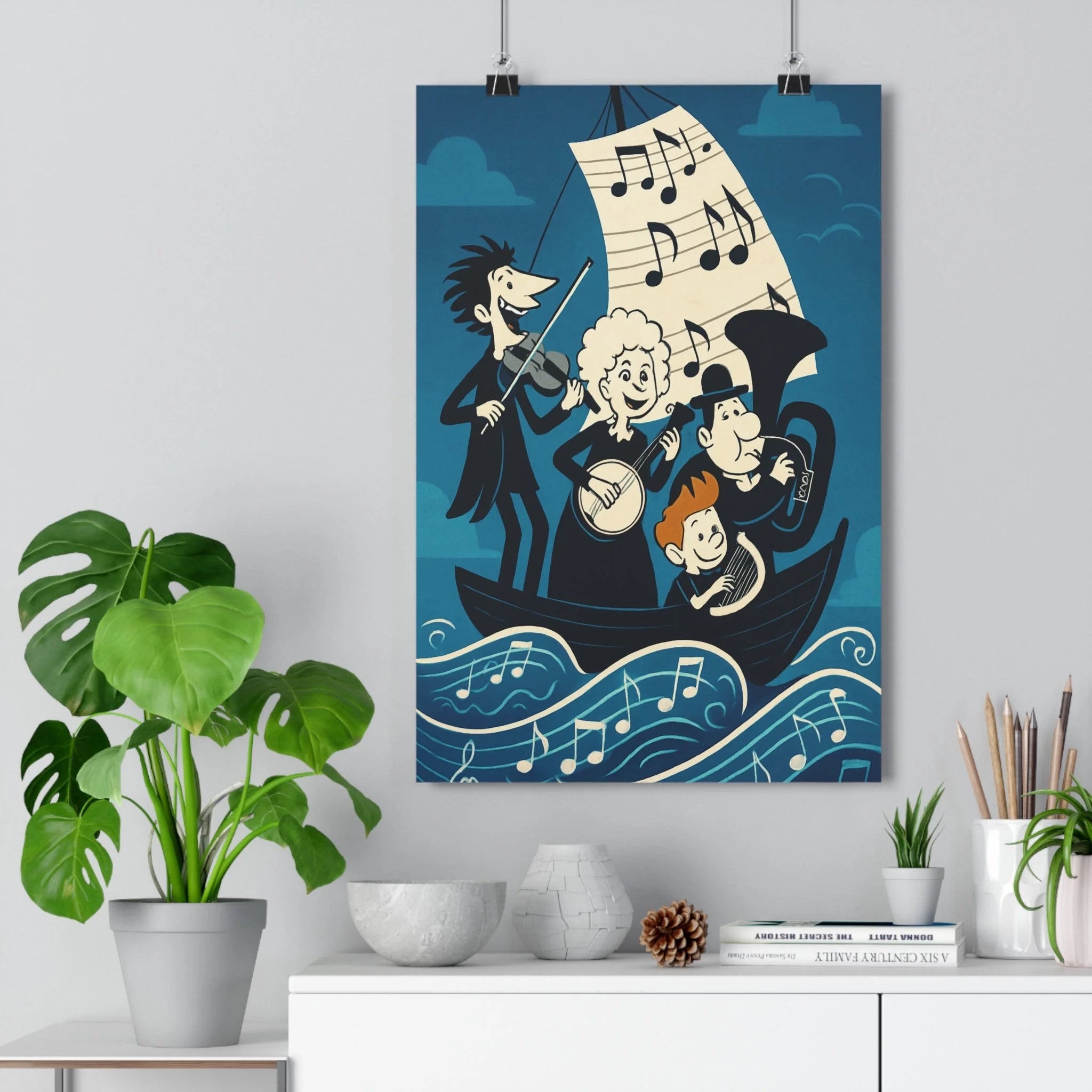 Poster décoratif aventure musicale bleu blanc joyeux moderne chambre salon enfant océan instruments animés