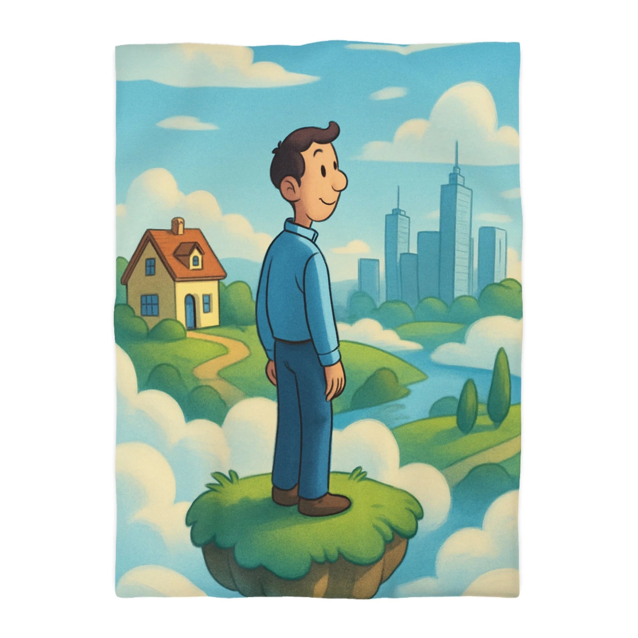 Illustration de rêve serein de paysage flottant avec personnage et ville éloignée