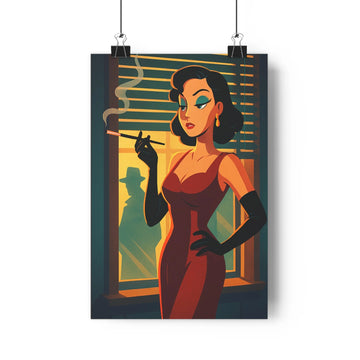 Poster femme élégante robe rouge gants noirs yeux bleus cigare intérieur sombre plante verte étagère blanche vase livre ambiance mystérieuse