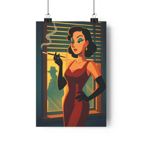 Poster femme élégante robe rouge gants noirs yeux bleus cigare intérieur sombre plante verte étagère blanche vase livre ambiance mystérieuse