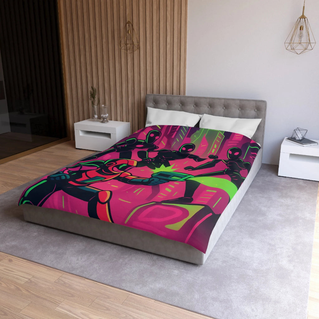 Housse de couette néon futuriste avec combat spatial, designs vifs rétro et cyberpunk