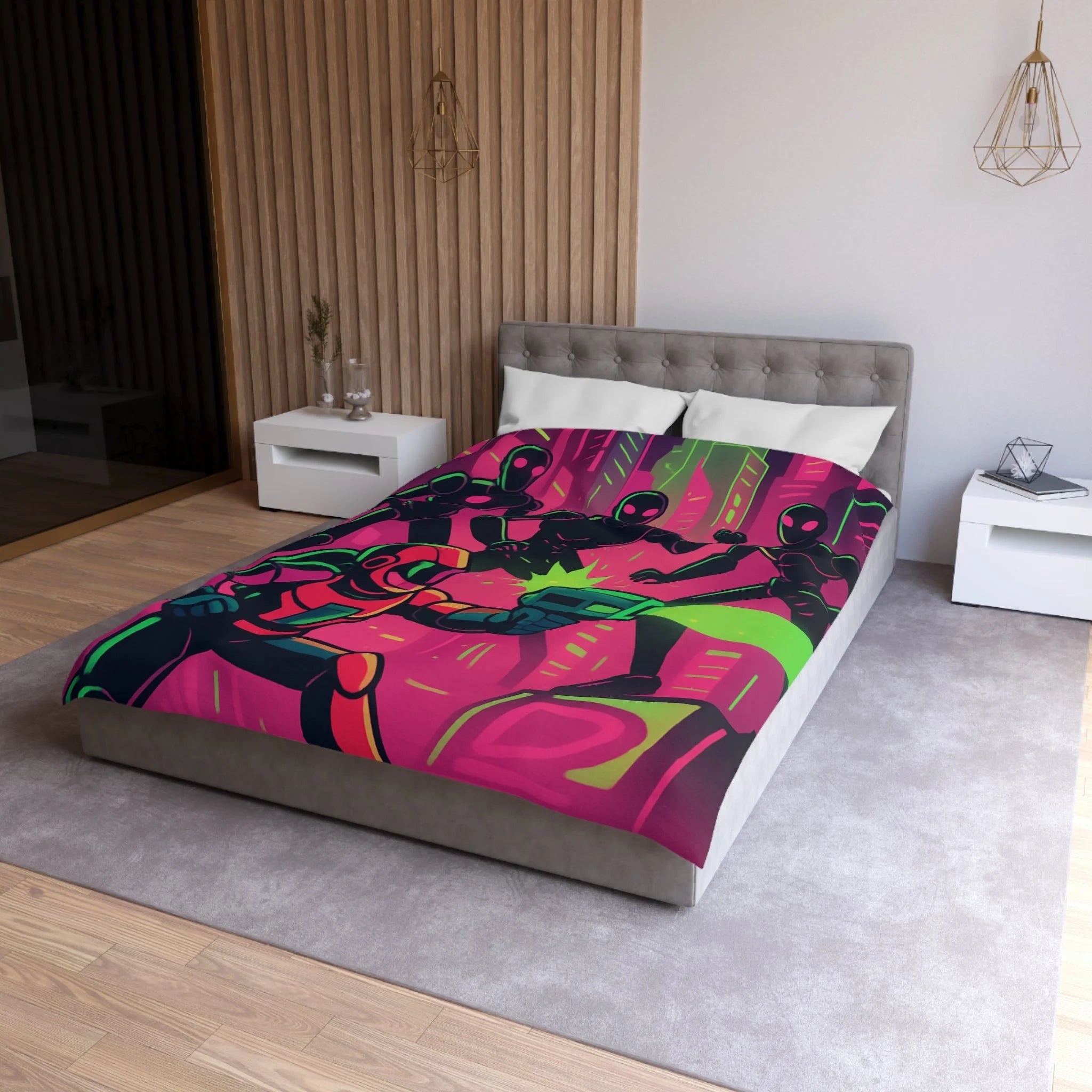 Housse de couette néon futuriste avec combat spatial, designs vifs rétro et cyberpunk
