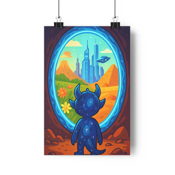 Poster science fiction cartoon créature cornus robe étoiles fenêtre ville moderne montagnes fleurs ufo paysage aride rochers plantes bleu ambiance