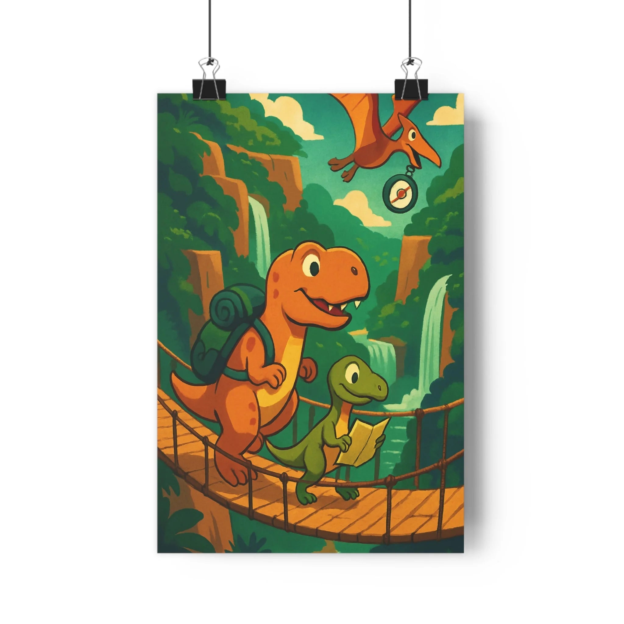 Poster décoratif aventure jungle coloré orange vert cartoon enfant chambre exploration dinosaure captivant vibrant