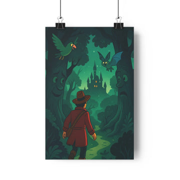 Poster décoratif forêt enchantée mystique rouge vert nature chambre salon ambiance magique mystérieux illustré