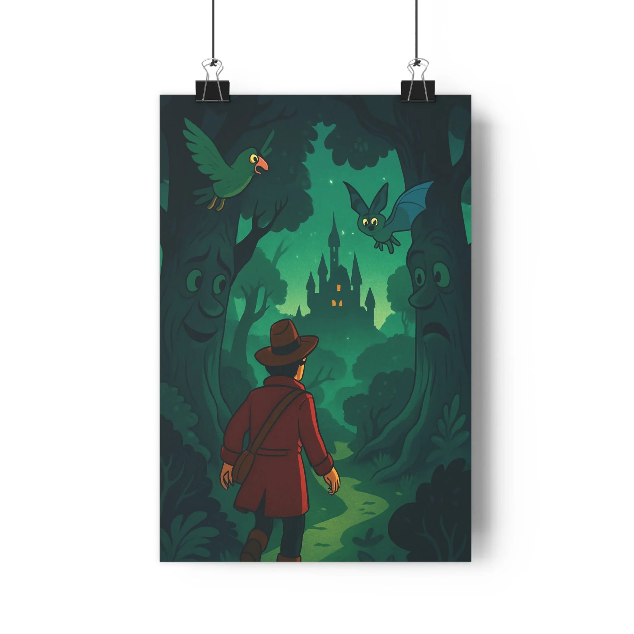 Poster décoratif forêt enchantée mystique rouge vert nature chambre salon ambiance magique mystérieux illustré