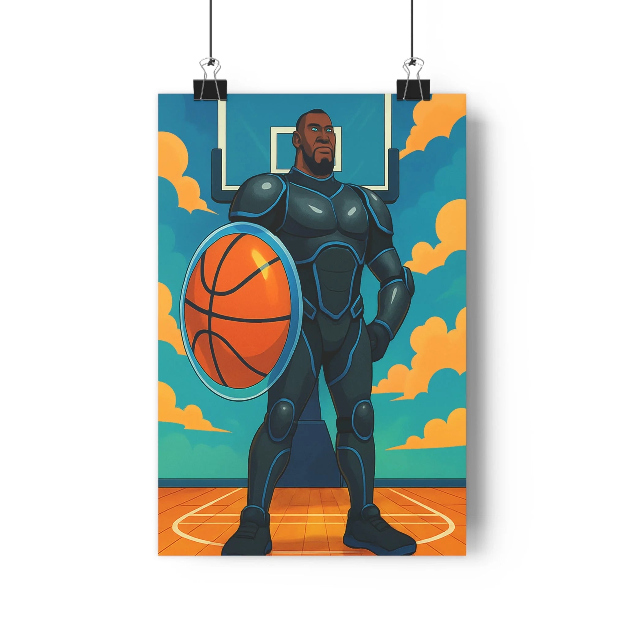 Poster décoratif joueur basket illustration futuriste bande dessinée bleu orange chambre ado dynamique vibrant