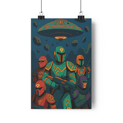 Poster guerriers galactiques vaisseau spatial ciel nocturne étoiles rochers style moderne coloré contours nets détails géométriques ambiance dynamique futuriste vert