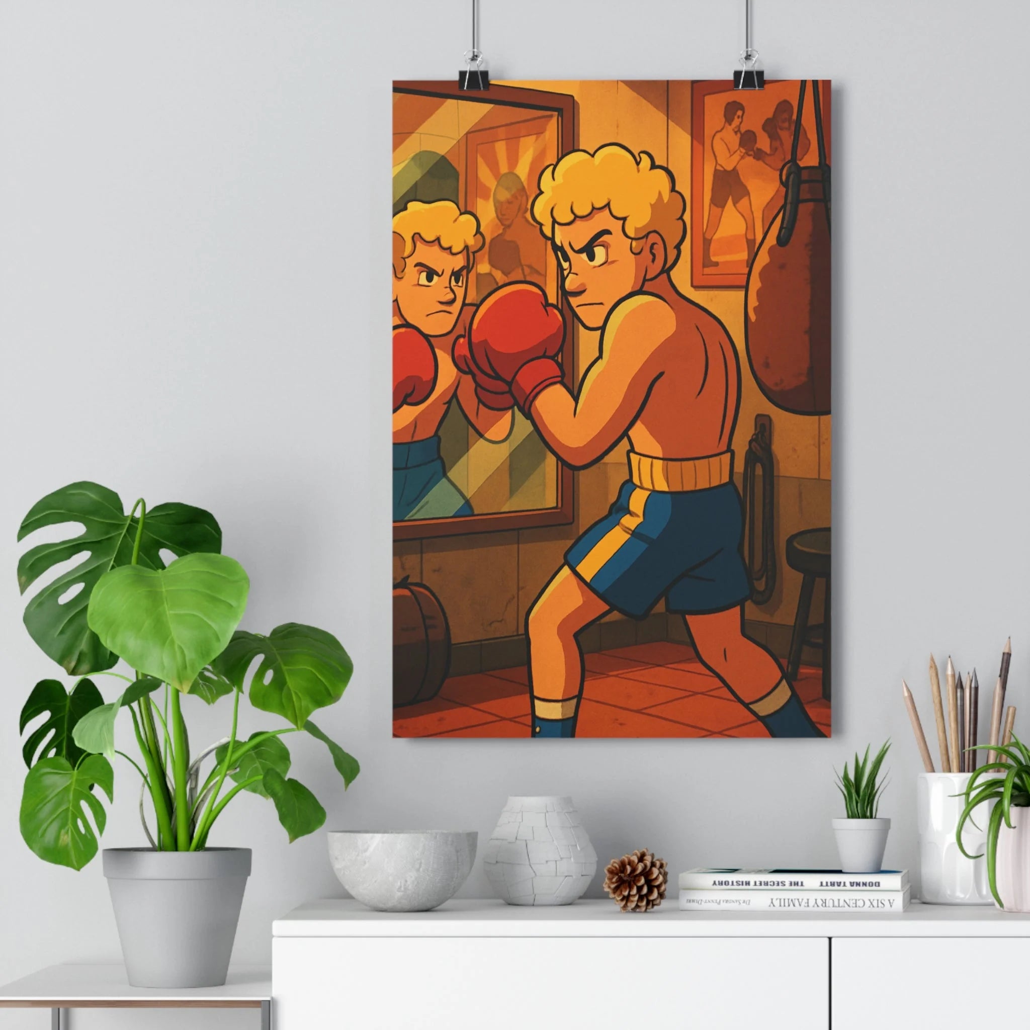 Poster décoratif vintage boxe rouge bleu rétro sport salle gym motivation entraînement ombre dynamique