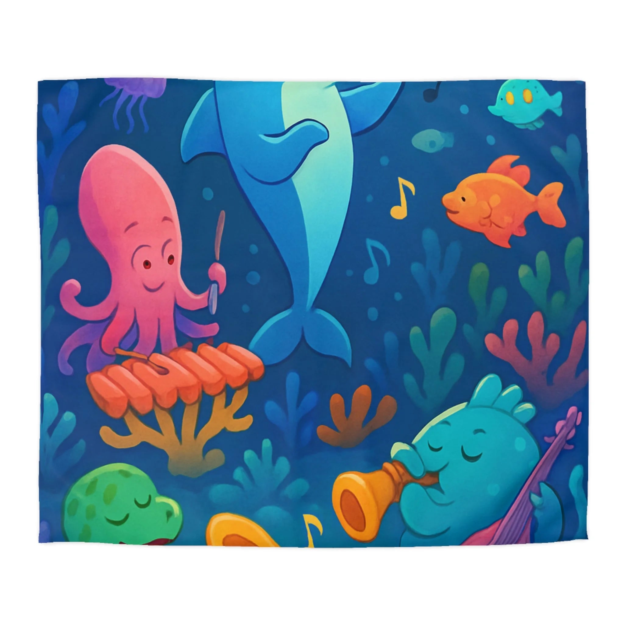 Housse de couette océan joyeux avec animaux marins et notes musicales colorées