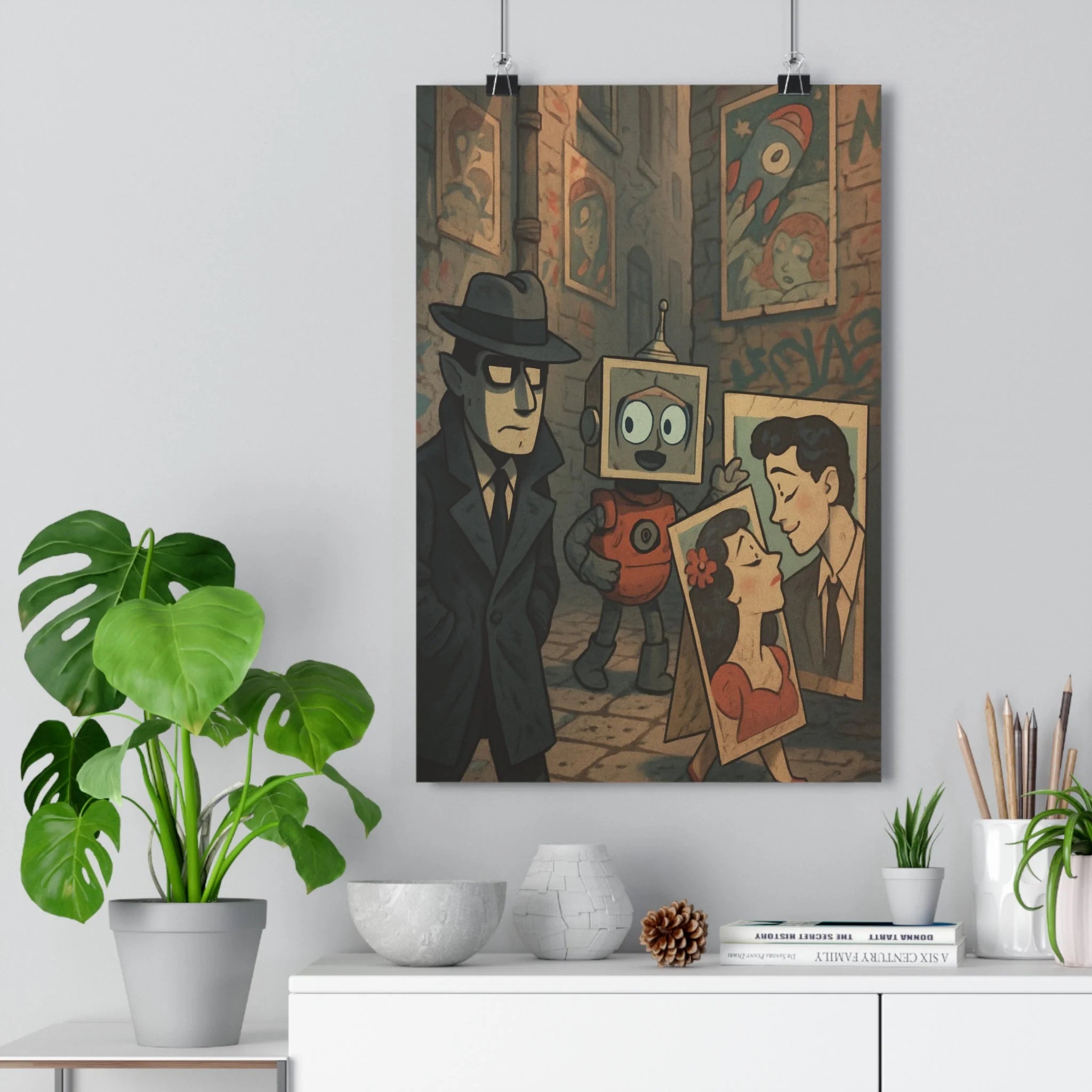 Poster décoratif vintage sépia nostalgique bureau salon rétro robot personnage affiche couleur chaleureuse 30x46
