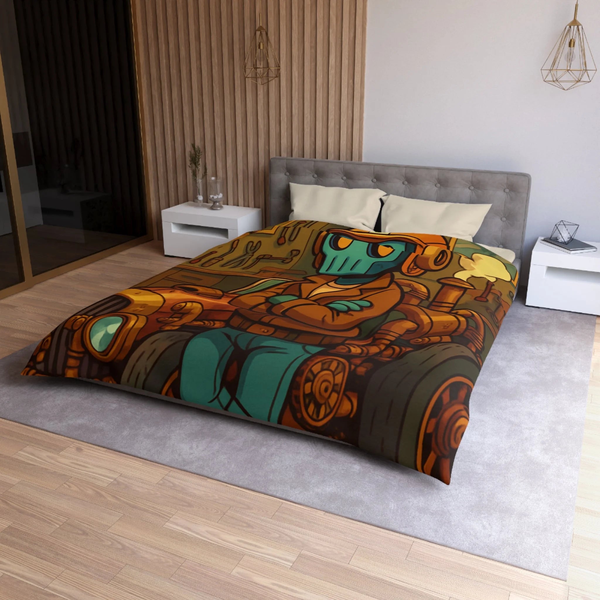 Housse de couette rétro steampunk avec voiture vintage et robot dans un atelier