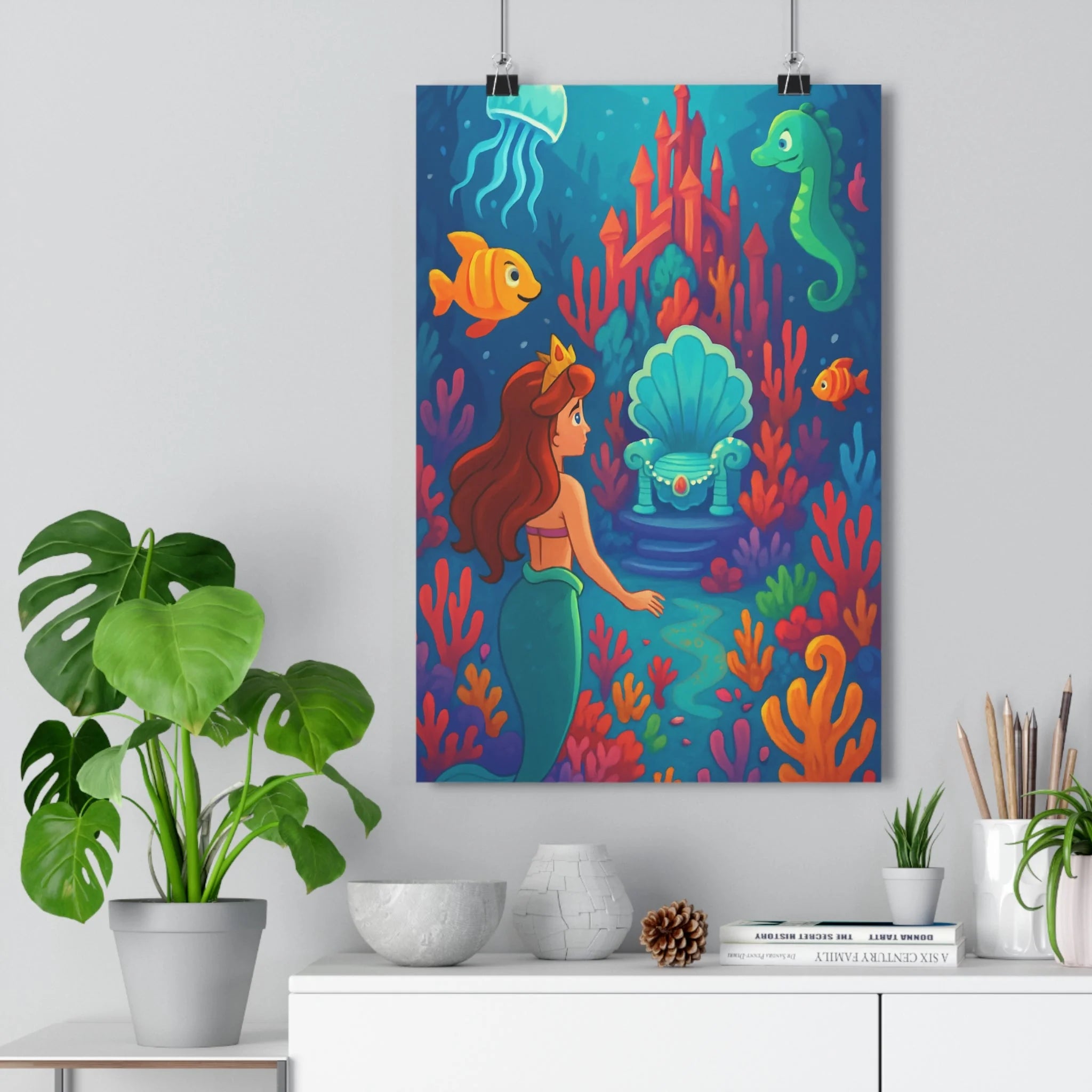 Poster décoratif sirène royaume sousmarin cartoon couleurs vives joyeux magique chambre enfant artistique coraux
