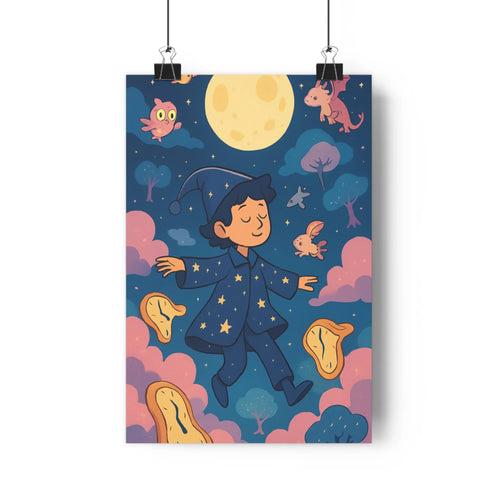 Poster décoratif surréaliste ciel nocturne rêve mystique enfant chambre couleurs vives pyjama étoilé ambiance