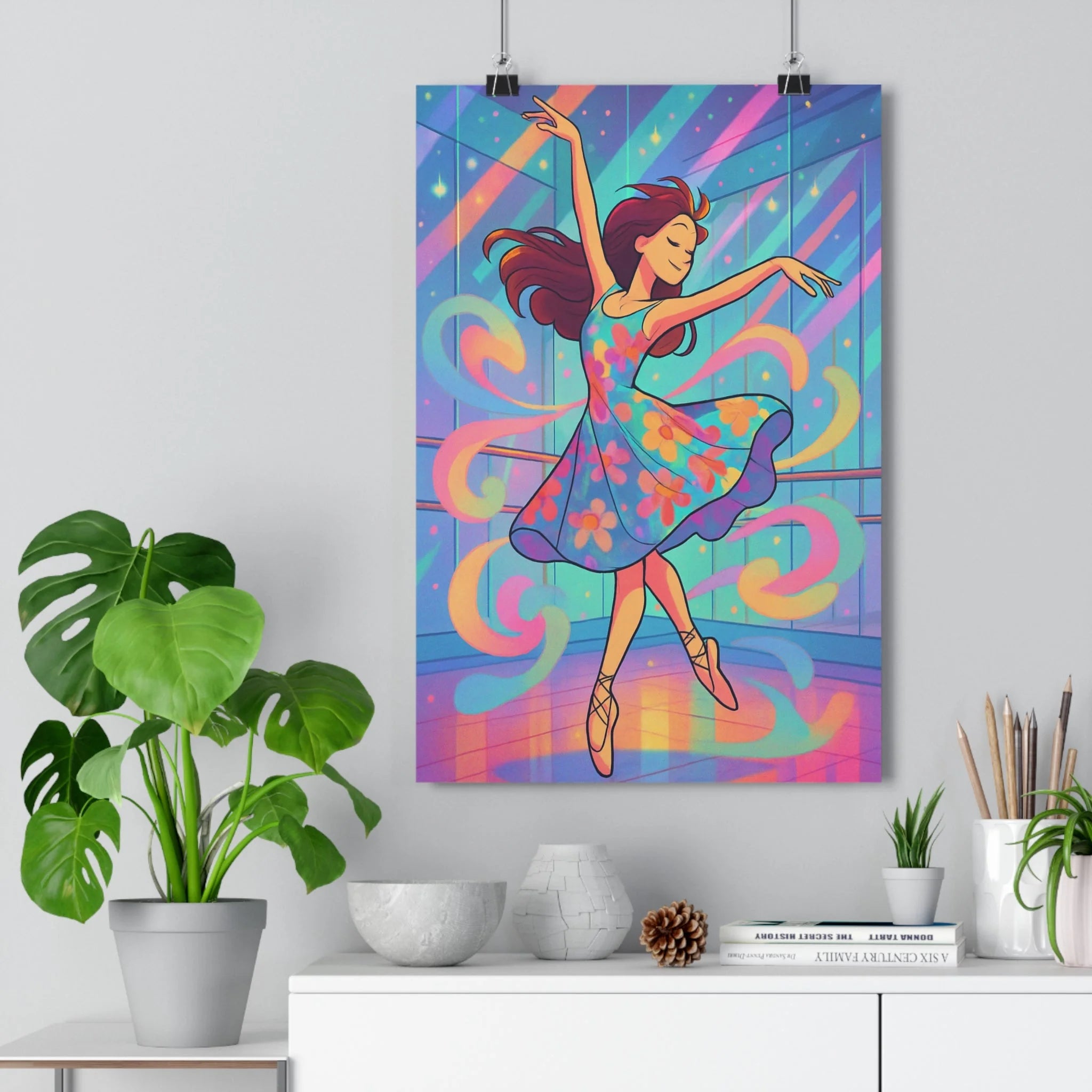 Poster décoratif danseuse cartoon fleurs colorées joyeux lumineux salon chambre ambiance dynamique élégant qualité
