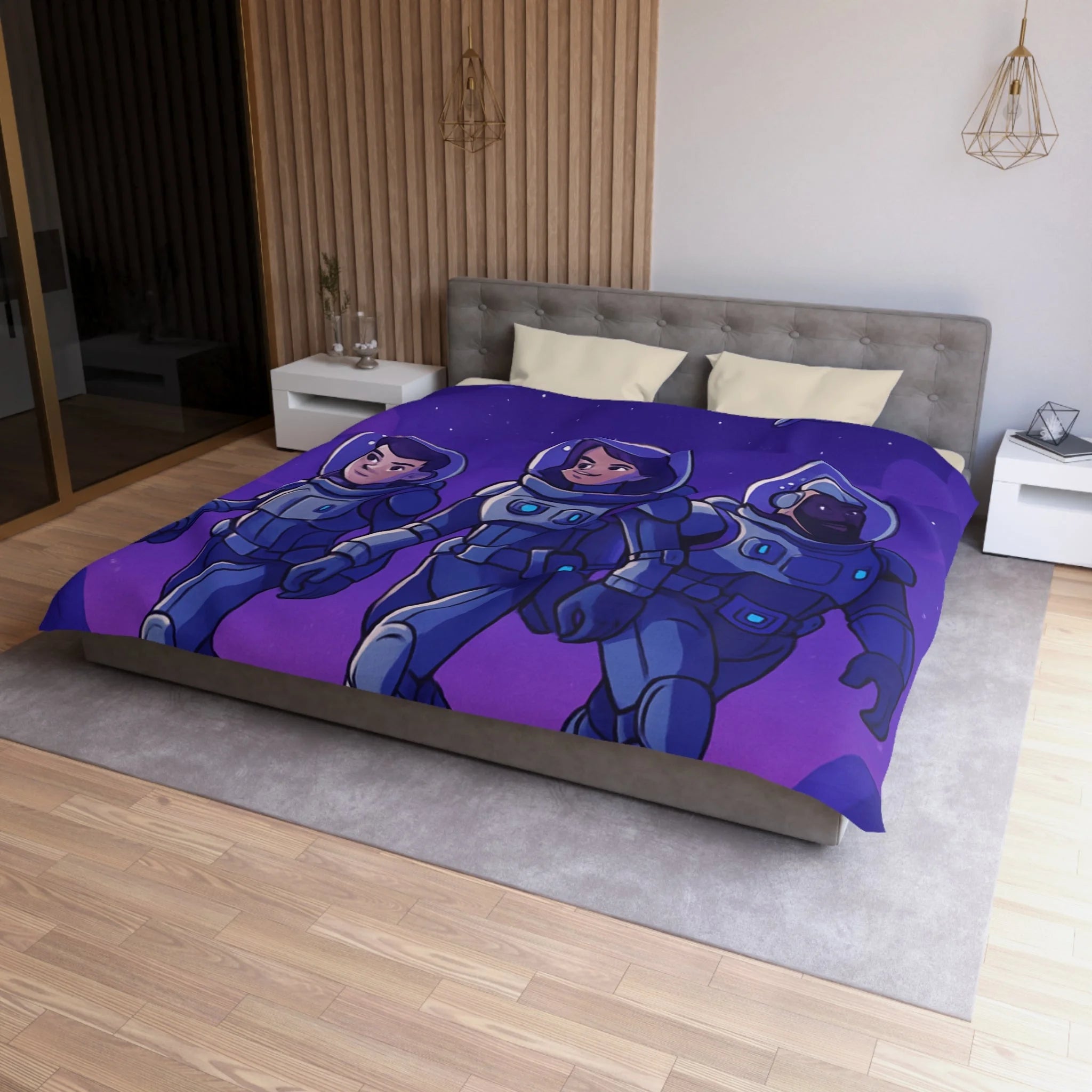 Housse de Couette Spatiale avec Astronautes, Vaisseaux et Étoiles sur Fond Violet
