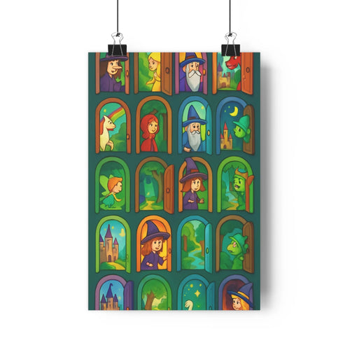 Poster fenêtres paysages magiques costumes colorés châteaux étoiles arc en ciel ambiance vibrante fantastique salon chambre enfants