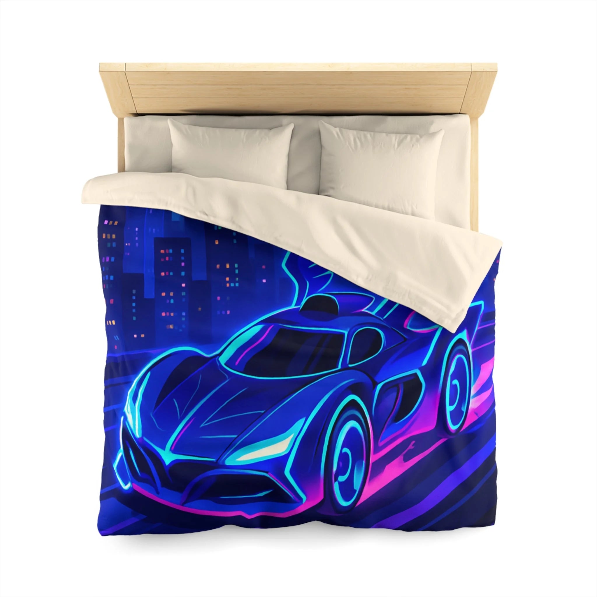 Housse de couette néon voiture futuriste volant dans une ville aux reflets lumineux
