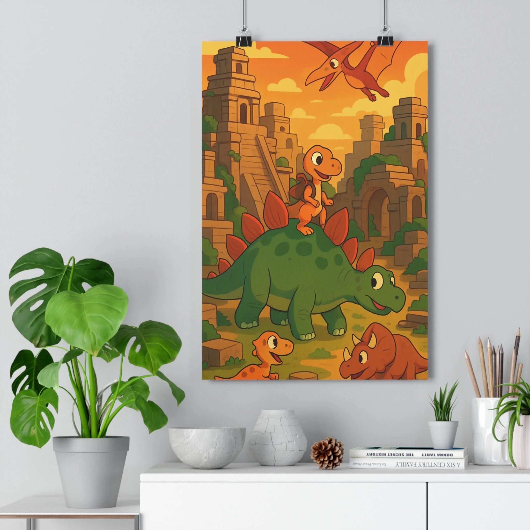 Poster décoratif cartoon vert orange marron dinosaures joyeux aventure chambre enfant ludique ancien style