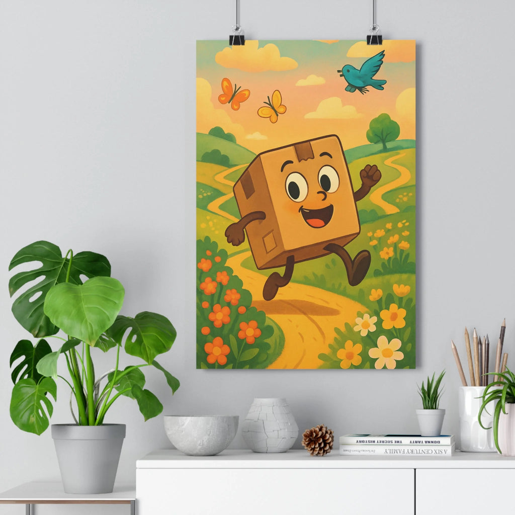 Poster décoratif cartoon joyeux vert coloré enfant chambre paysage nature ambiance charmante fleurs oiseau