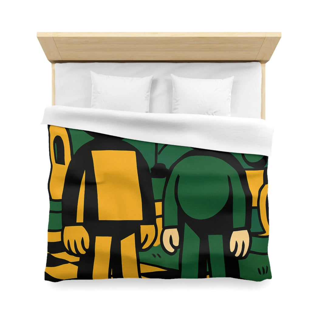Housse de couette style pop-art cartoon avec personnages et paysage graphique original