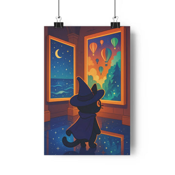 Poster sorcière fenêtres nuit montgolfières étoiles pierre bois bleu vert rose cartoon doux magique chambre salon