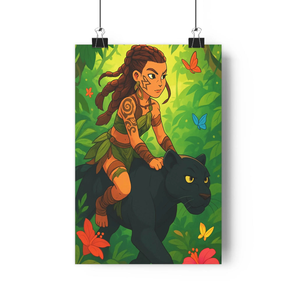 Poster décoratif jungle aventure cartoon vert noir courage chambre salon dynamique coloré tribal élégant