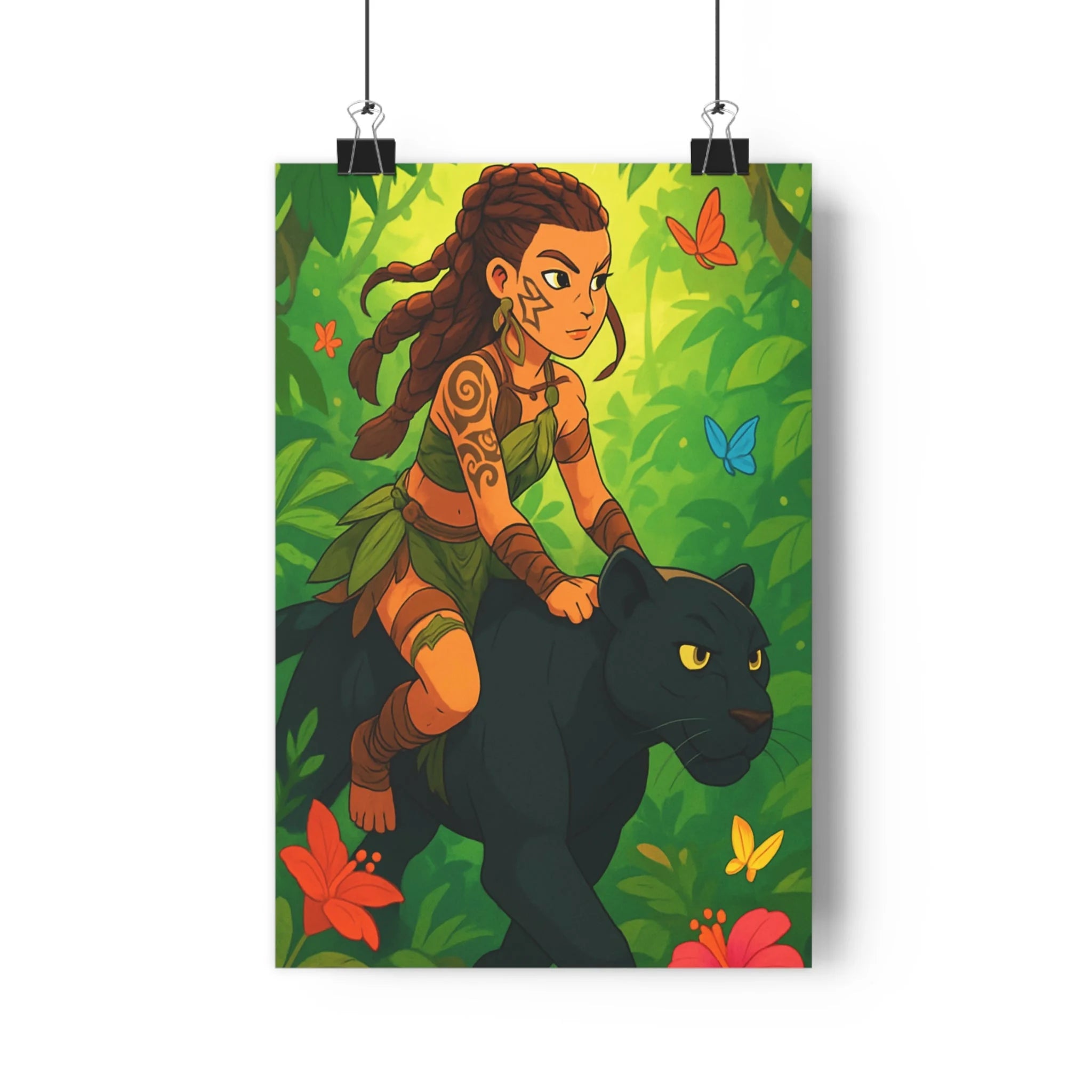 Poster décoratif jungle aventure cartoon vert noir courage chambre salon dynamique coloré tribal élégant