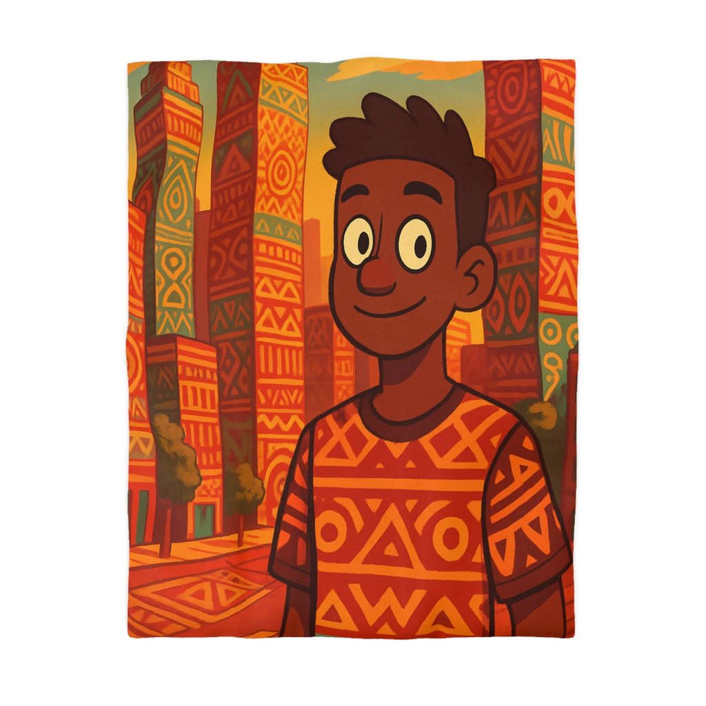 Housse de Couette Personnage Souriant avec Motifs Géométriques et Gratte-Ciel Colorés
