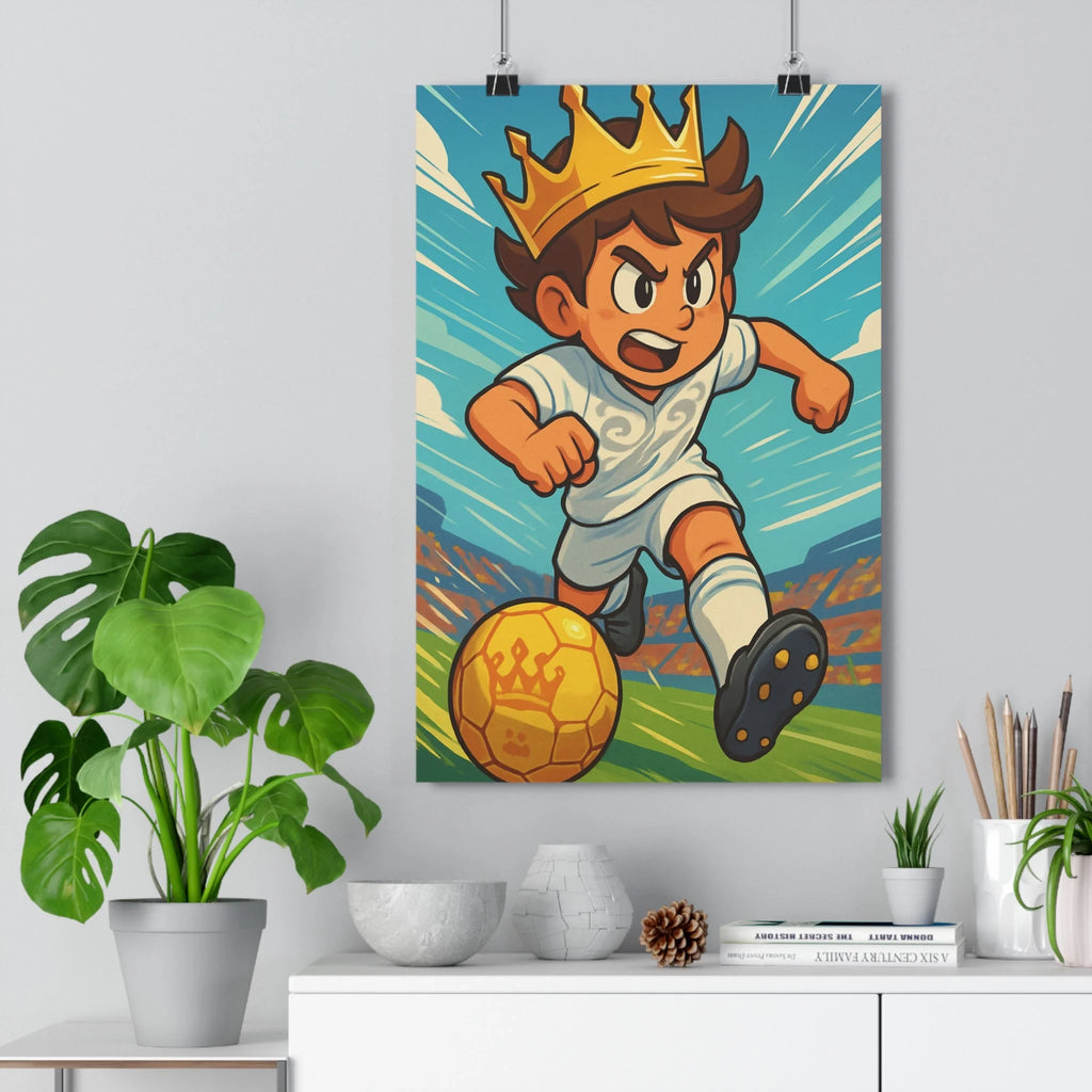 Poster décoratif football cartoon joyeux jaune blanc bleu vert chambre enfant sportif dynamique énergique