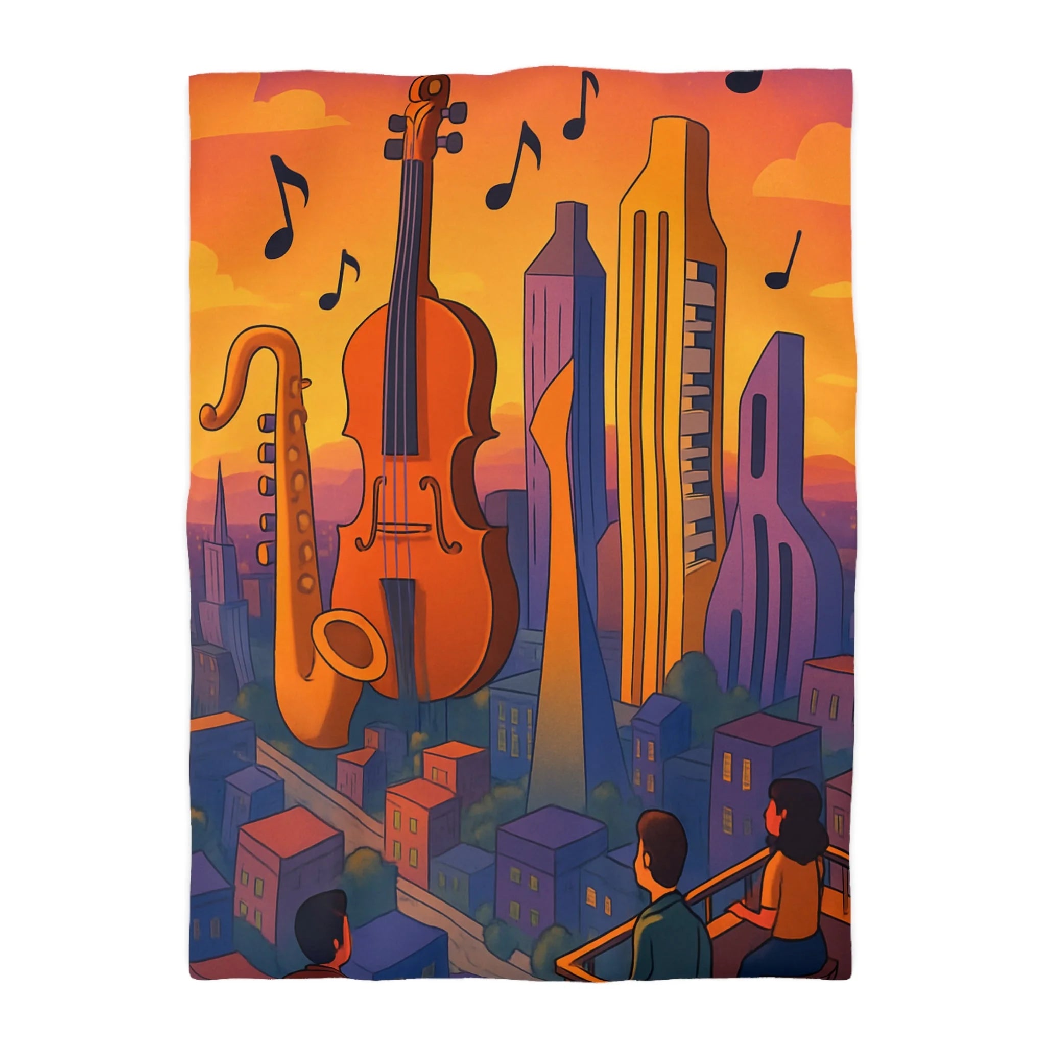 Housse de couette urbaine avec des instruments géants flottant au coucher de soleil vibrant