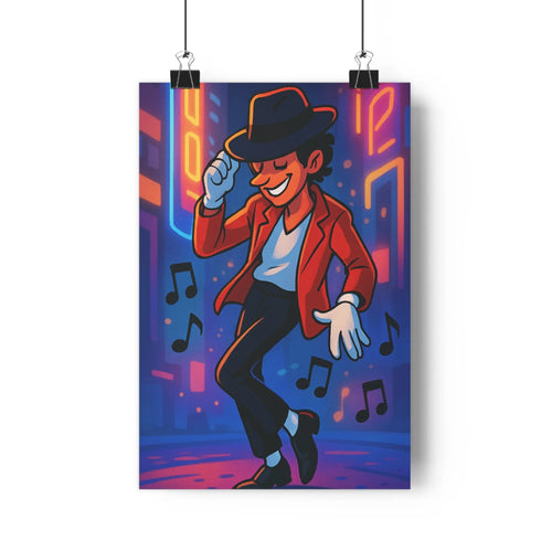 Poster joyeux danse homme chapeau veste rouge pantalon noir musique fond bleu plante verte étagère blanche livres vases ambiance festive