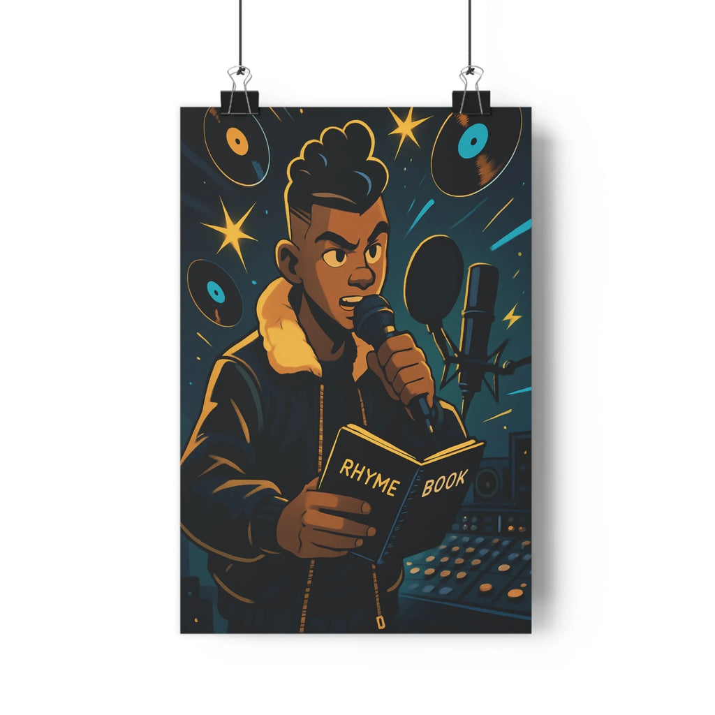 Poster décoratif urbain rappeur studio vinyles flottant bande dessinée bleu jaune dynamique chambre 30x46