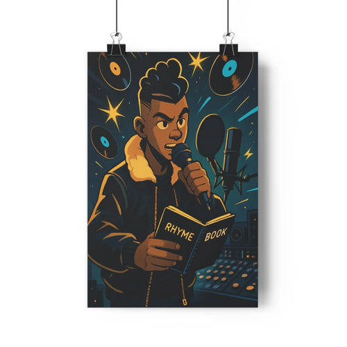 Poster homme livre rhime chant micro veste marron col jaune fond sombre vinyles étoiles dorées ambiance musicale expression artistique style