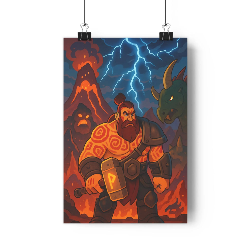 Poster décoratif animé rouge orange guerrier épique volcan aventure salon chambre ambiance intense qualité