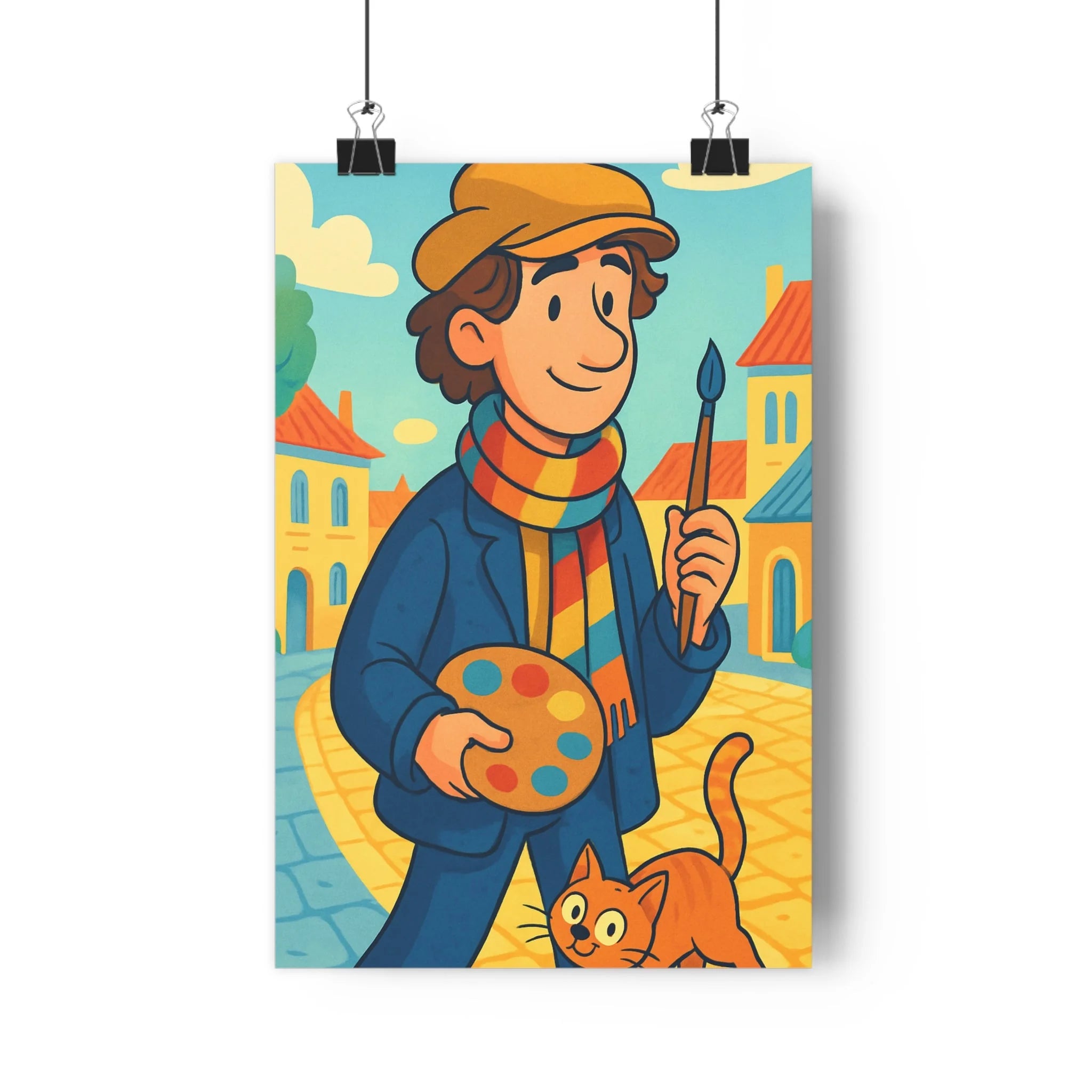 Poster décoratif cartoon coloré bleu rouge joyeux salon chambre enfant artiste pinceau chat vintage