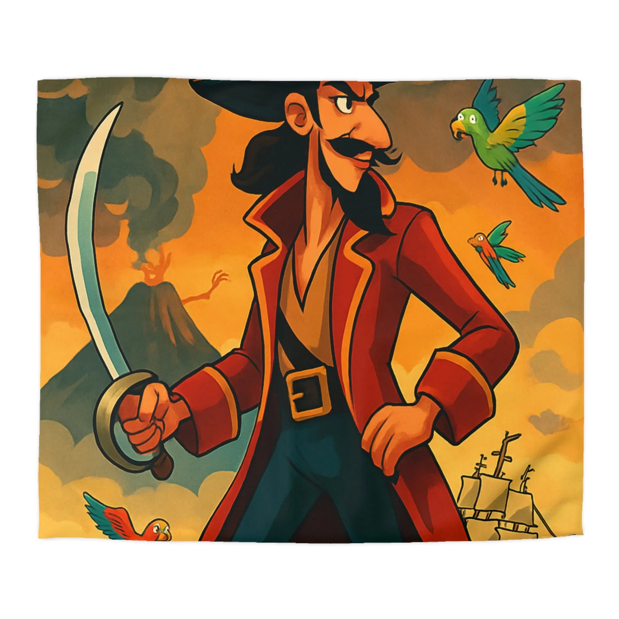 Housse de couette pirate vibrante avec perroquets colorés, volcan actif et bateau en mer