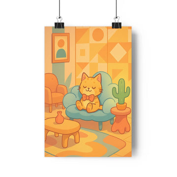 Poster chat orange fauteuil bleu motifs géométriques nœud papillon cactus petite table tapis ondulants vase blanc couleurs vives pastel ambiance