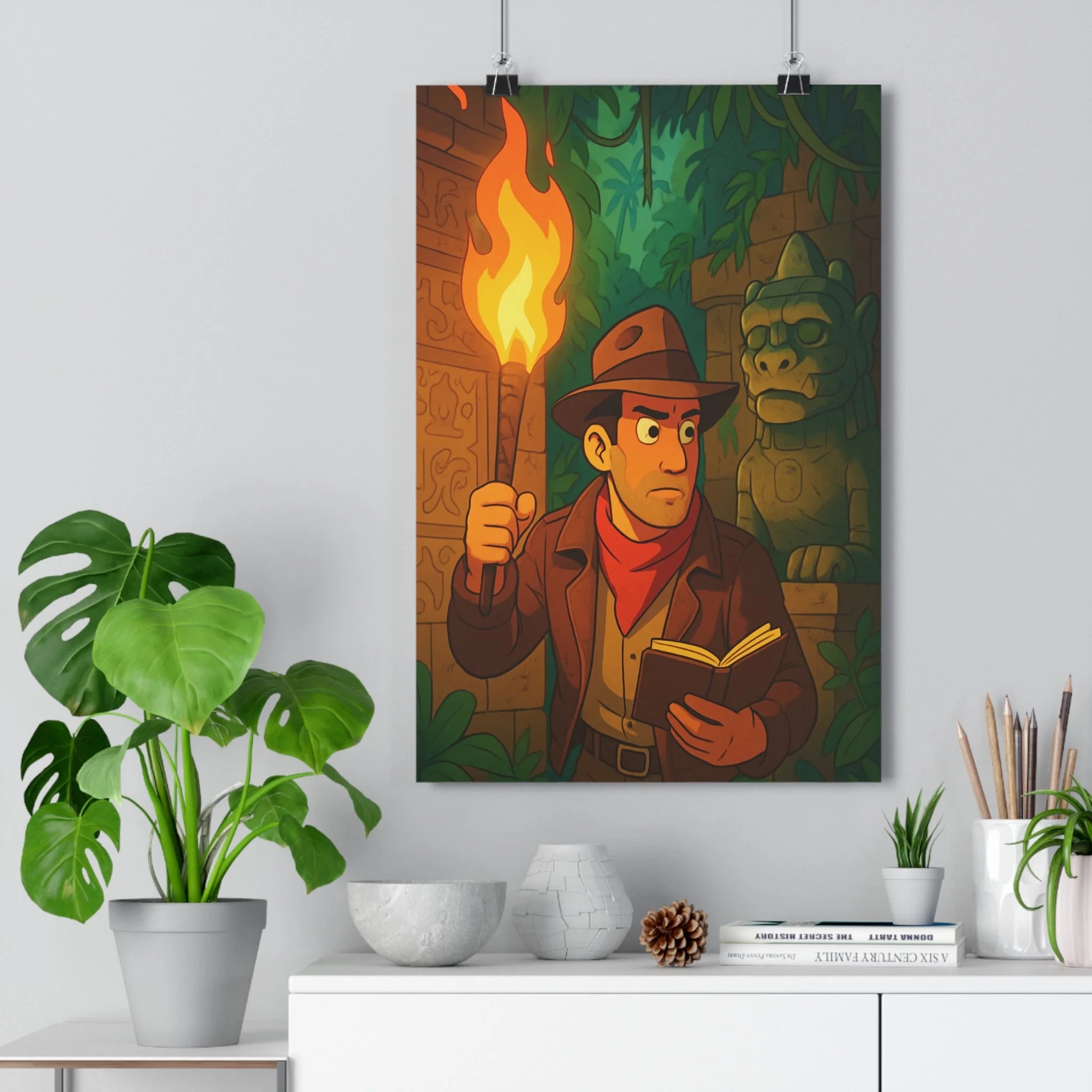 Poster décoratif aventure jungle vibrant couleur chaude vert explorateur statue dessin animé bureau qualité