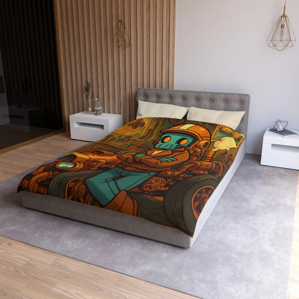 Housse de couette rétro steampunk avec voiture vintage et robot dans un atelier