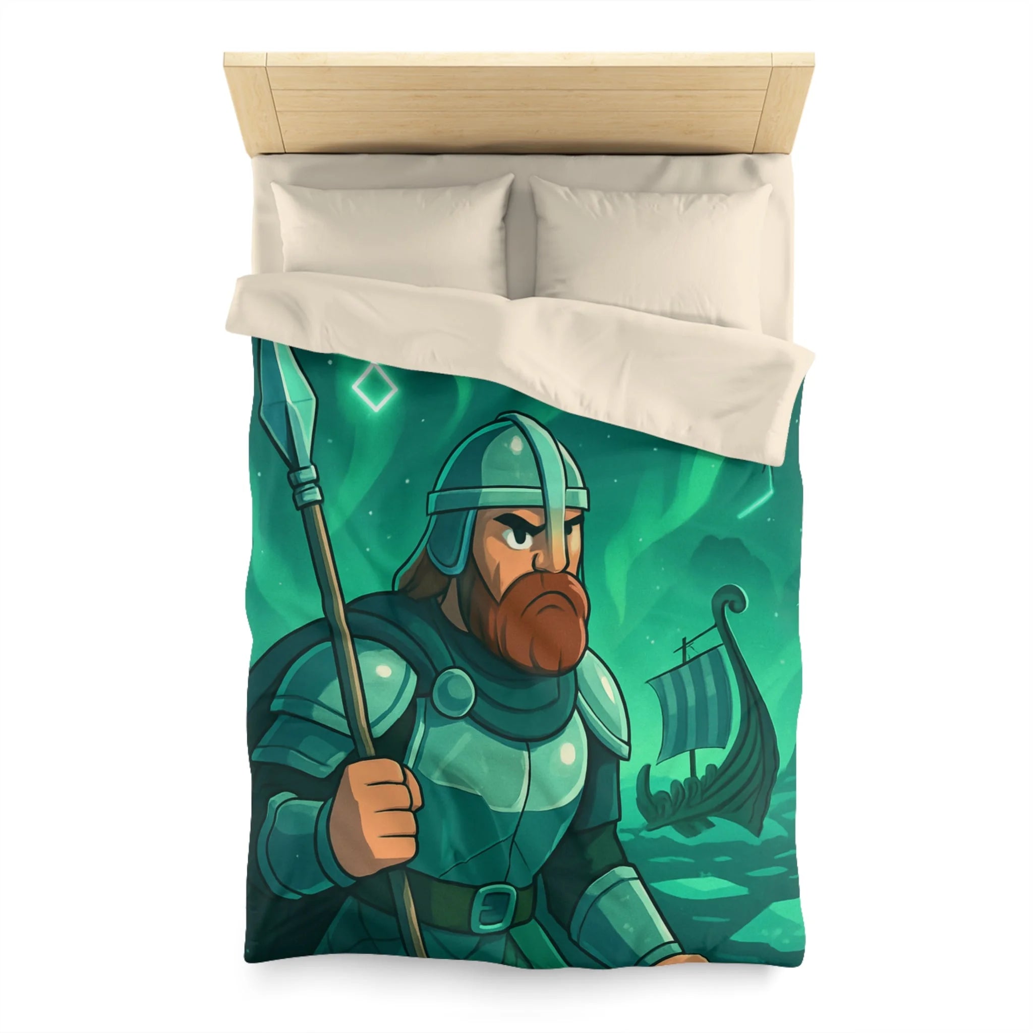 Housse de Couette Viking Vert Émeraude avec Guerrier et Aurores Boréales pour Chambre