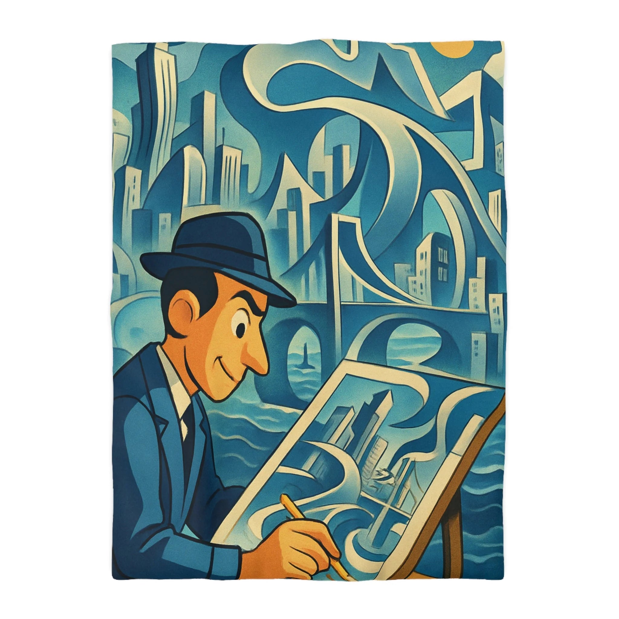 Motifs artistiques urbains bleus et jaunes pour une housse de couette moderne et stylée