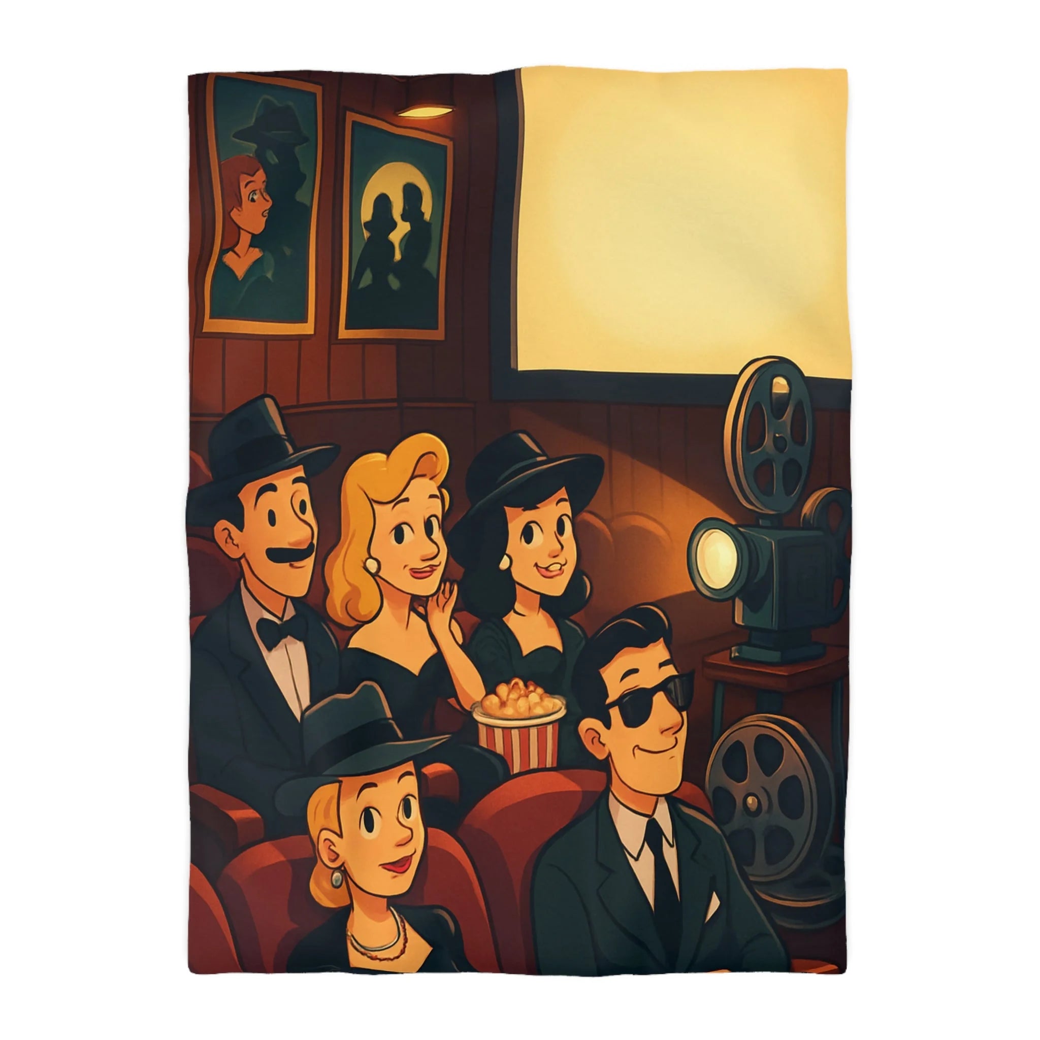 Housse de Couette Rétro Cinéma avec Scène de Spectateurs Élégants et Projecteur