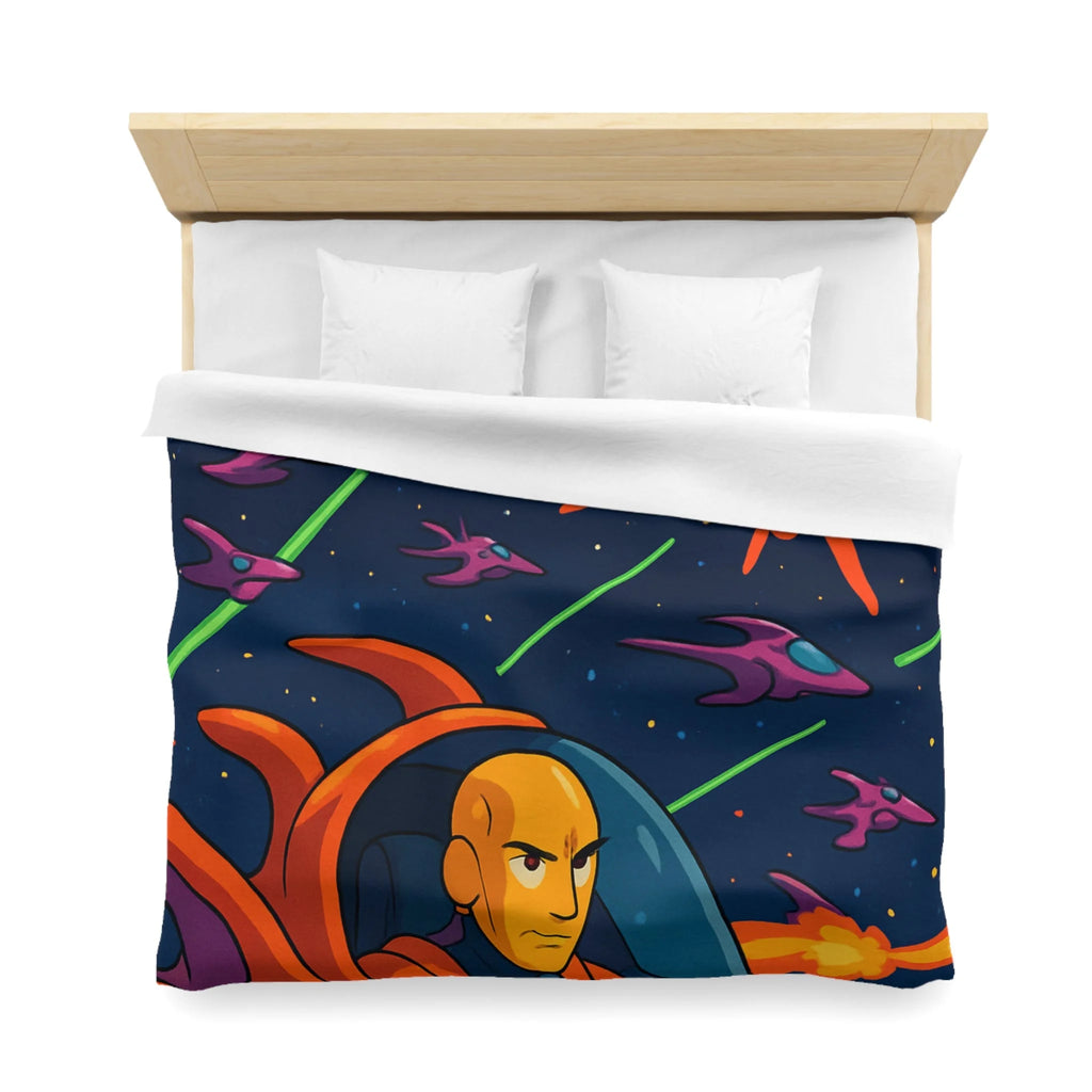 Housse de couette style rétro avec vaisseaux spatiaux et astéroïdes en explosion