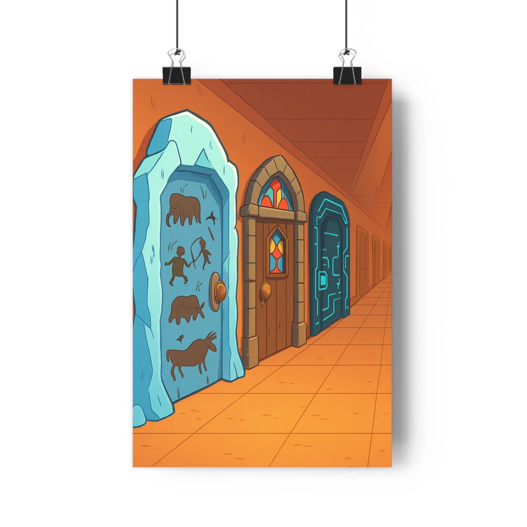 Poster intérieur mur pierre bleue gravures animaux portes vitrail tuiles orange ambiance mystérieuse style cartoon couleurs vives salon chambre enfant unique