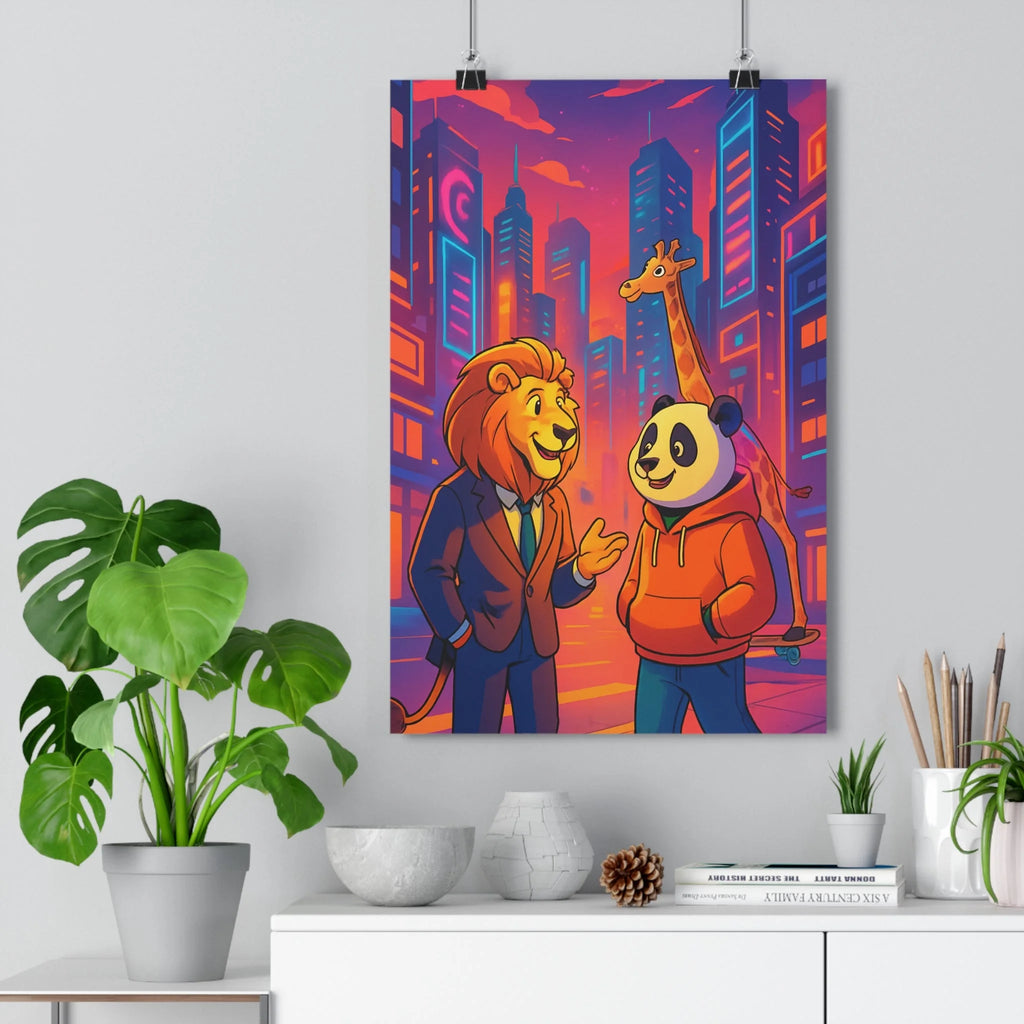 Poster urbain lions pandas girafe conversation crépuscule gratte-ciels roses oranges bleus violettes ambiance amicale contemporain chambre salon