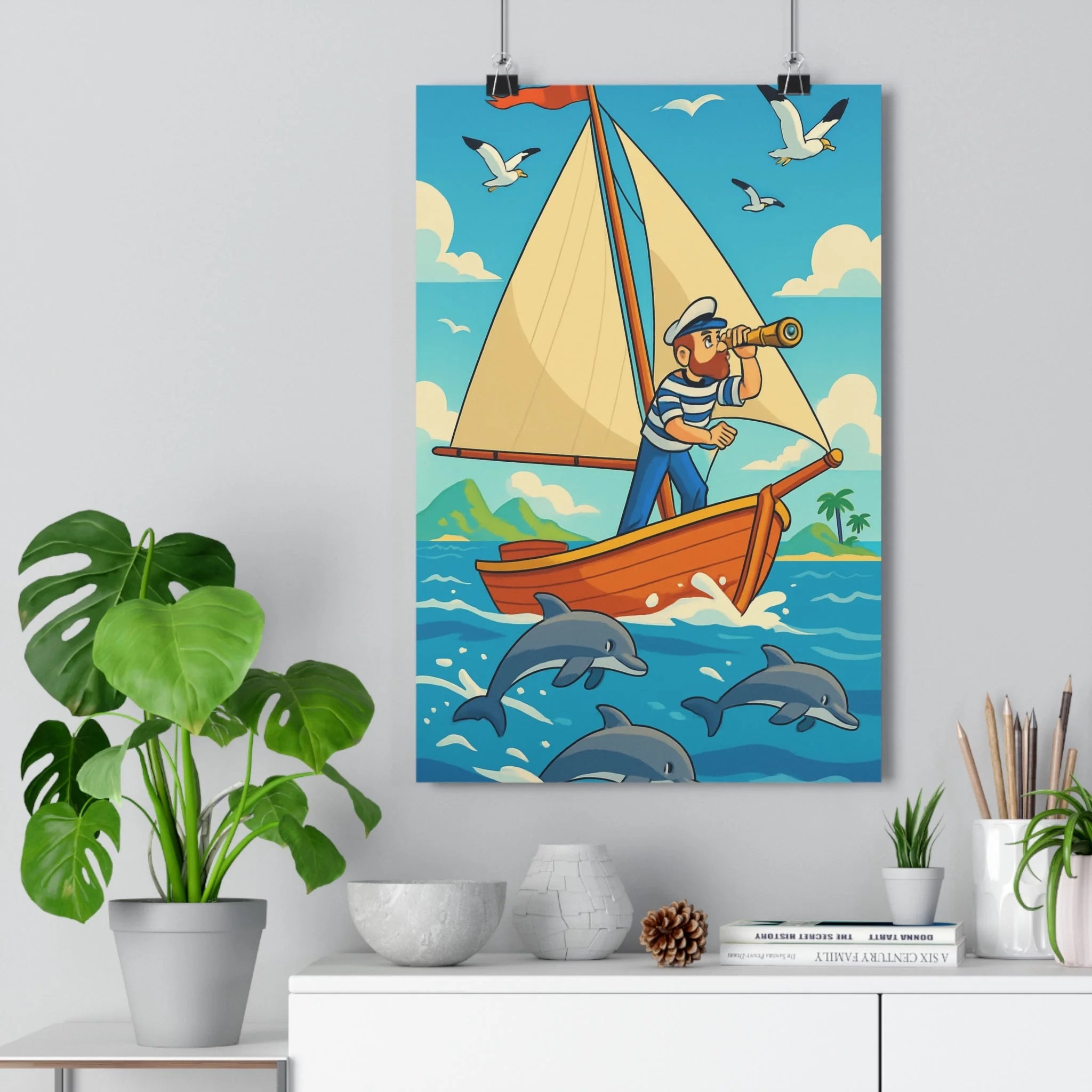Poster décoratif maritime bleu turquoise voilier marin dauphins salon joyeux estival ciel nuages qualité