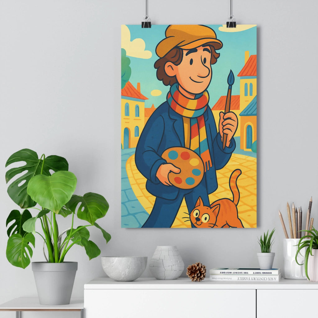 Poster décoratif cartoon coloré bleu rouge joyeux salon chambre enfant artiste pinceau chat vintage