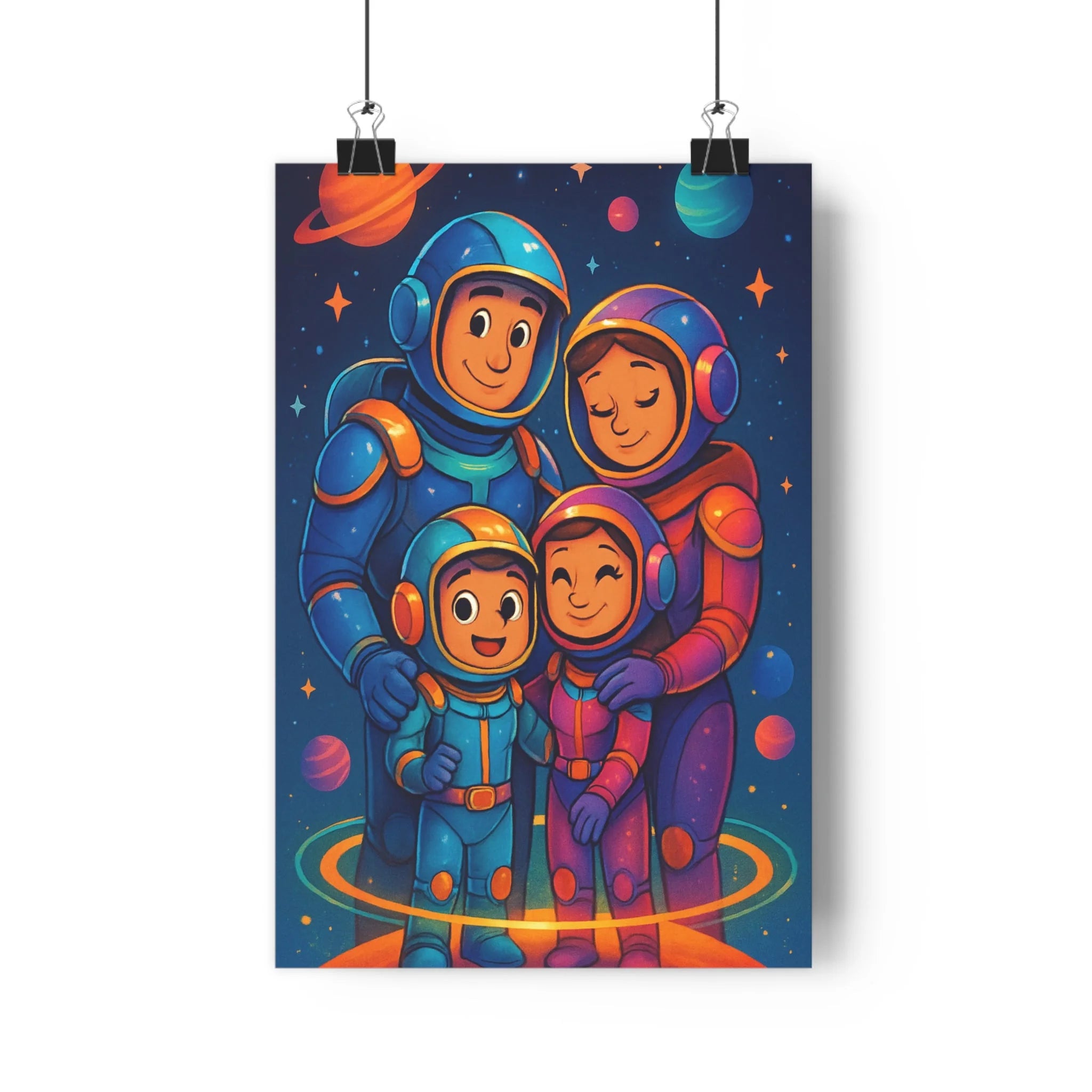 Poster décoratif cosmique cartoon bleu orange violet joyeux chambre enfant famille espace astronaute style